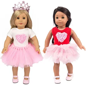 18 Inch Doll Clothes Valentine Day Outfit Set Pink Tutu Dress and Heart Top for 45cm Dolls