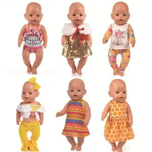 Detailed view of colorful 43cm baby doll clothes and matching fashion outfits set for girls.