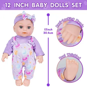 12 inch vinyl baby doll set with cute purple romper, realistic hands and feet for kids.