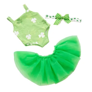 Details des 18 Zoll Puppen St. Patricks Day grünen Kleeblatt Outfit Sets mit Tutu und Haarreif.