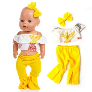 43cm doll clothes cute floral off-shoulder top yellow bell-bottom pants headband set