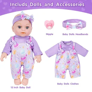 12 inch vinyl reborn baby doll toy set with cute clothes, headband, and pacifier accessories.