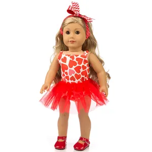 Valentine 18 inch American girl doll clothes set with heart dress tutu bow and red shoes.