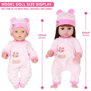 Pink plush doll clothes outfit detail showing 16 to 18 inch size fit and cute bear hat design.