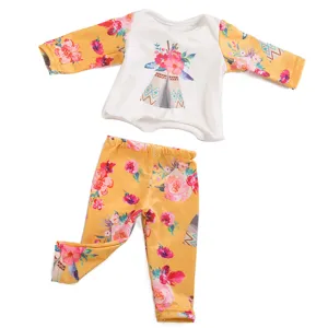 18-inch doll clothes set with floral long-sleeve top and matching pants, cute outfit.