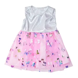 Detail view of 18 inch doll dress with sparkly silver top and pink butterfly mesh skirt.
