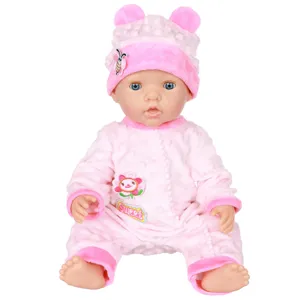 Cute 43cm baby doll with pink bear ear hat and soft plush romper for kids playtime.