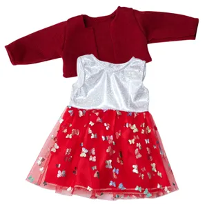 Detailed view of the 18 inch American girl doll clothes set with a red cardigan and dress.