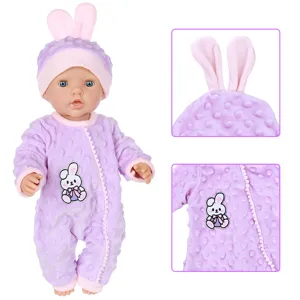 Close-up details of the 43cm doll outfit with soft plush bunny ears hat and cute rabbit applique.