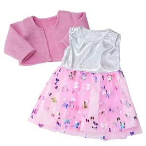 Detailed view of the 18-inch doll outfit featuring a pink cardigan and butterfly tutu dress.