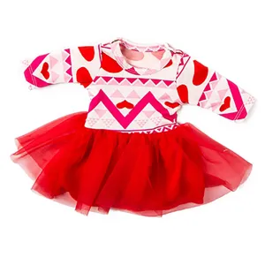 Detail view of 18 inch American girl doll Valentine theme dress with heart print tutu.