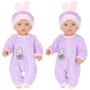 Cute 43cm baby doll clothes purple plush romper with bunny ears hat toy accessory set for kids.
