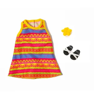 Colorful geometric doll dress set with sandals and hair clip for 18 inch dolls summer wear.