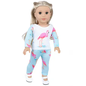 18 inch doll clothes set with cute pink flamingo print top and blue leggings for doll toys.
