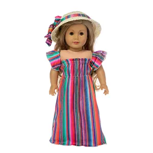 Colorful 18 inch doll dress and straw hat set, perfect for doll clothing collection.