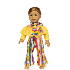 Detailed view of 18 inch doll summer outfit, featuring yellow off-shoulder top and pants.