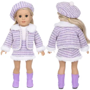 18-inch doll winter tweed outfit set featuring plush beret coat skirt and boots.