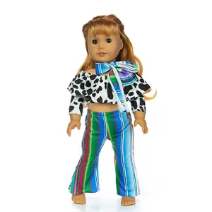 18 inch doll clothes set off shoulder cow print top and colorful striped bell bottom pants detail.