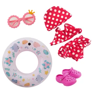 45cm doll summer swimsuit set with red polka dot bikini swim cap sunglasses and cute swim ring.