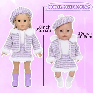 18 Inch Doll Winter Tweed Outfit Set Cute Furry Jacket Skirt Beret Clothes Accessories