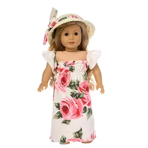 18 inch American girl doll clothes set with floral dress and straw hat for toy dress up.