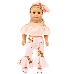 18 inch American girl doll clothes pink off shoulder top flared pants set for spring summer.