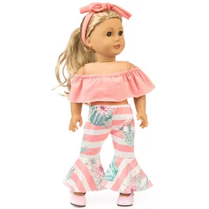 18 inch doll clothes set off shoulder top cactus print bell bottom pants and headband for toy.