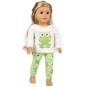 18 Zoll amerikanische Puppen Kleidung Set langarm Oberteil und grüne Frosch Hose Detail
