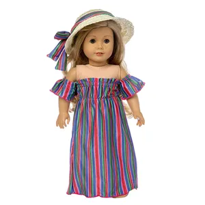 18 inch doll clothes colorful striped dress and straw hat set for girl dolls summer fashion