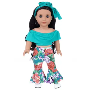 Details of 18 inch doll clothes set, turquoise off-shoulder top, floral bell-bottoms, headband.