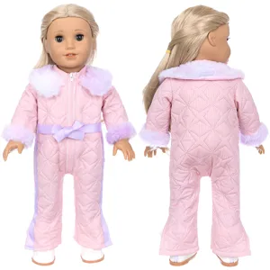 18 inch doll winter pink jumpsuit with purple faux fur collar and cute belt outfit.