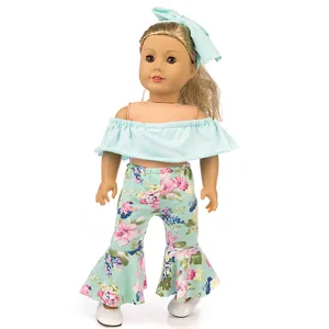 18 inch American girl doll clothes set including off-shoulder top and floral pants.