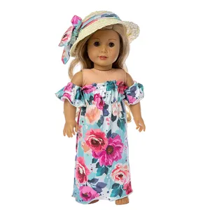 18 inch doll clothes set with floral off shoulder dress and straw hat for toy dolls.