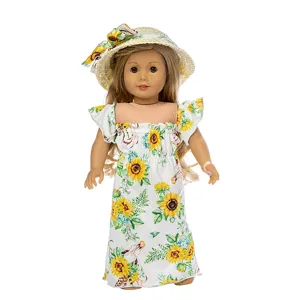 18 inch doll dress set with sunflower print and straw hat, detailed view of doll clothes.