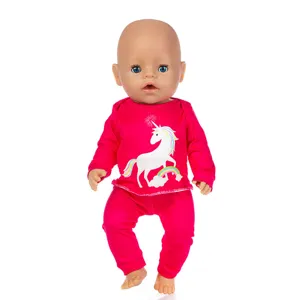 Cute 45cm baby doll clothes pink long sleeve unicorn print outfit for 18 inch girl dolls.