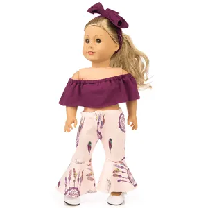 18 inch doll clothes set featuring a purple off-shoulder top, headband, and printed flare pants.