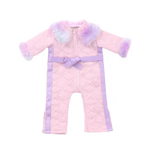 18 inch American girl doll winter plush jumpsuit pink quilted doll clothes detail view.