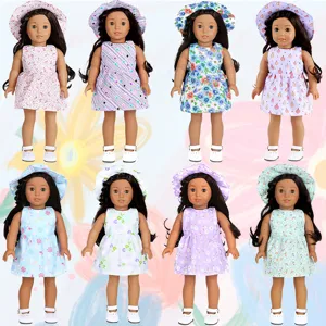 Pastoral Summer Fabric Doll Clothes Floral Dress With Straw Hat Set Cute Straw Hat Outfit For American Girl Dolls Toys Accessories