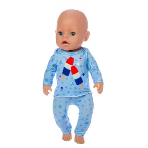 Close-up detail of 45cm doll cute blue star pattern pajama set and lovely toddler toy outfit.