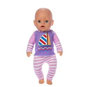 Detailed view of 45cm doll clothes, purple sailboat print top and striped pants, cute style.