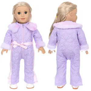 Detailed view of winter plush jumpsuit for 18-inch dolls with a cute pink bow and furry collar.