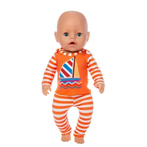 45cm doll clothes orange white striped long sleeve top pants set with cute sailboat print