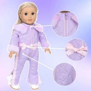 18 inch doll winter ski suit outfit with plush collar and bow belt for fashion doll dress up.