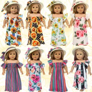 18 inch American girl doll clothes set with matching straw hat and floral dress main view