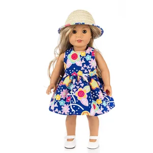 Detailed view of the 18-inch doll floral dress and cute straw hat summer outfit set.