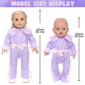 18 inch and 16 inch doll winter fleece quilted jumpsuit with pink bow and fur collar.