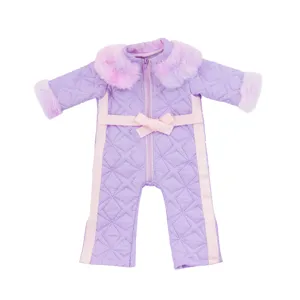 Winter plush jumpsuit clothes for 18-inch American doll, quilted pink and purple design.