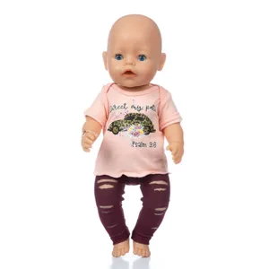45cm doll clothes set pink t-shirt and ripped leggings cute outfit for vinyl reborn baby dolls