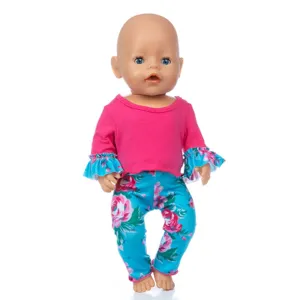 45cm doll clothes pink long sleeve top blue floral pants cute baby doll outfit set daily wear