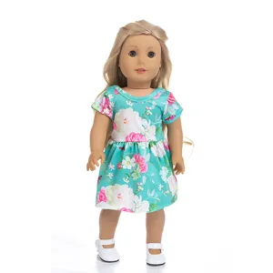18 inch doll dress detail, floral pattern summer outfit, cute doll clothes and shoes display.